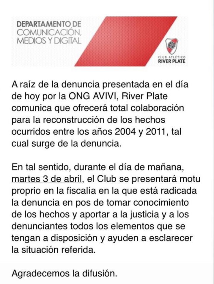 El comunicado oficial de River sobre los casos de abuso