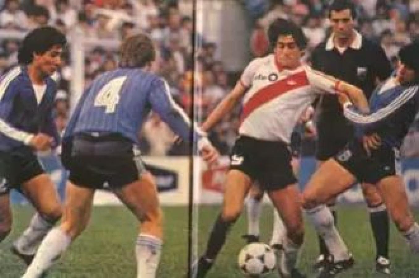 El Enzo Francescoli ante tres futbolistas de Racing de Córdoba. Foto: El Gráfico.