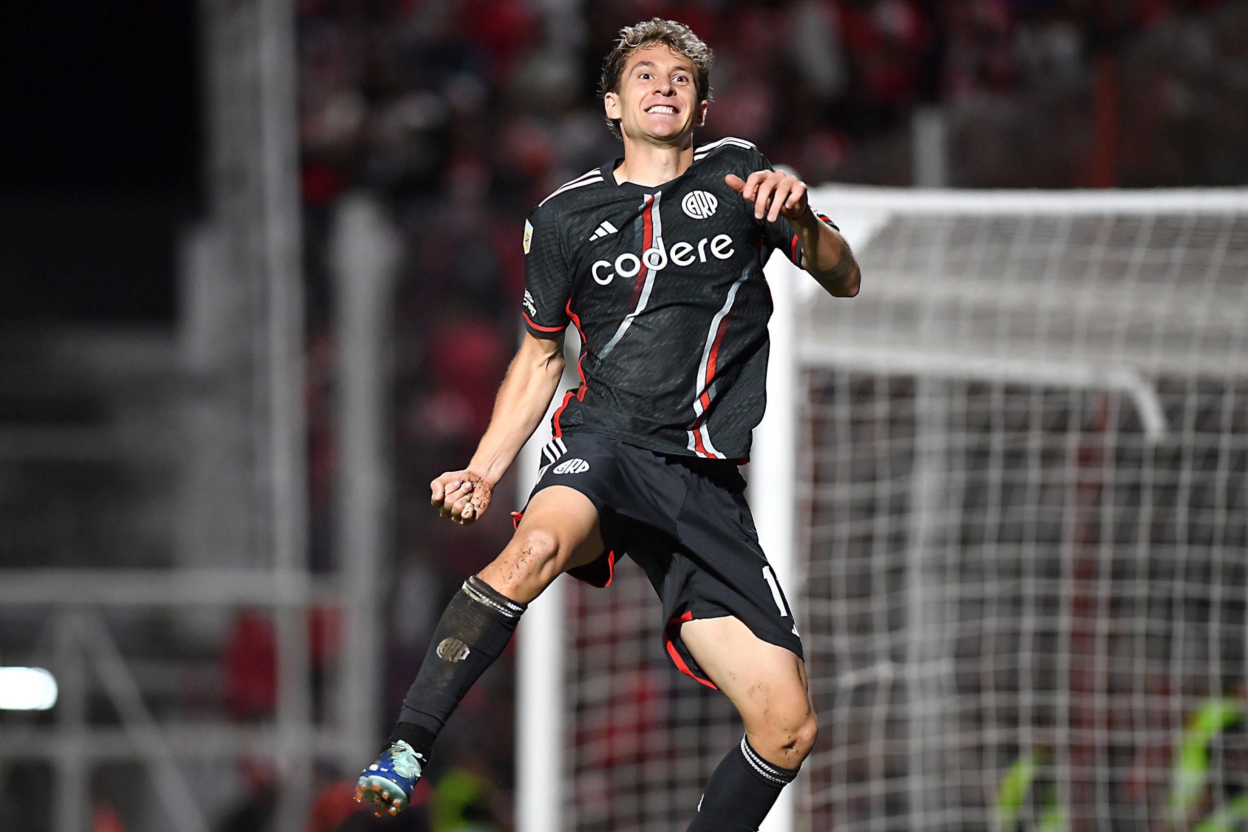 CORDOBA, ARGENTINA - APRIL 15: Facundo Colidio of River Plate celebrates after scoring the team's first goal during a Copa de la Liga Profesional 2024 match between Instituto and River Plate at Estadio Monumental Presidente Peron on April 15, 2024 in Cordoba, Argentina. (Photo by Hernan Cortez/Getty Images)