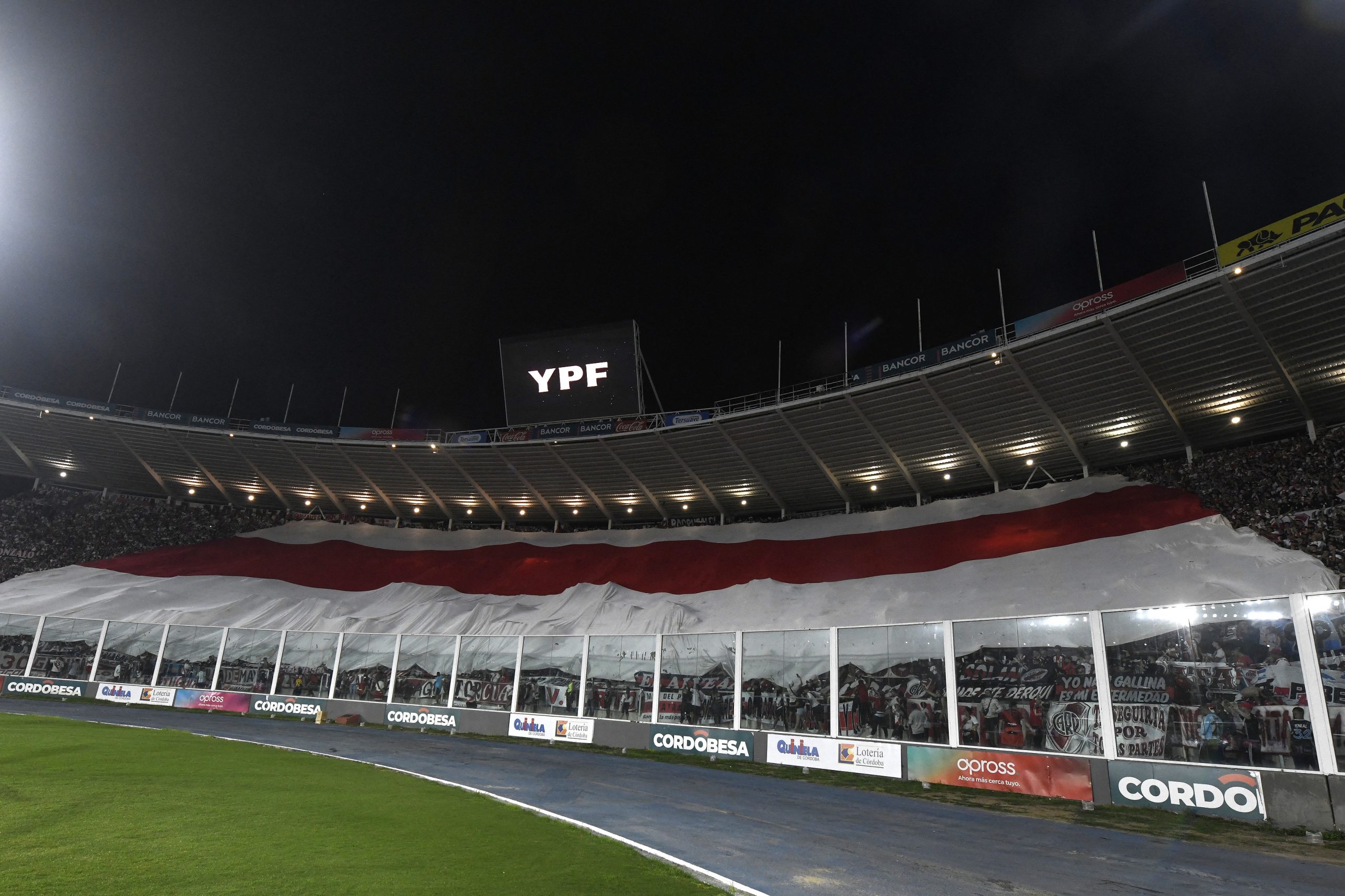 Fans of River Plate cheer for their team before the start of the Argentine Professional Football League Cup semifinal football match between River Plate and Rosario Central at the Mario Kempes stadium in Cordoba, Argentina, on December 9, 2023. (Photo by Diego Haliasz / AFP) (Photo by DIEGO HALIASZ/AFP via Getty Images)
