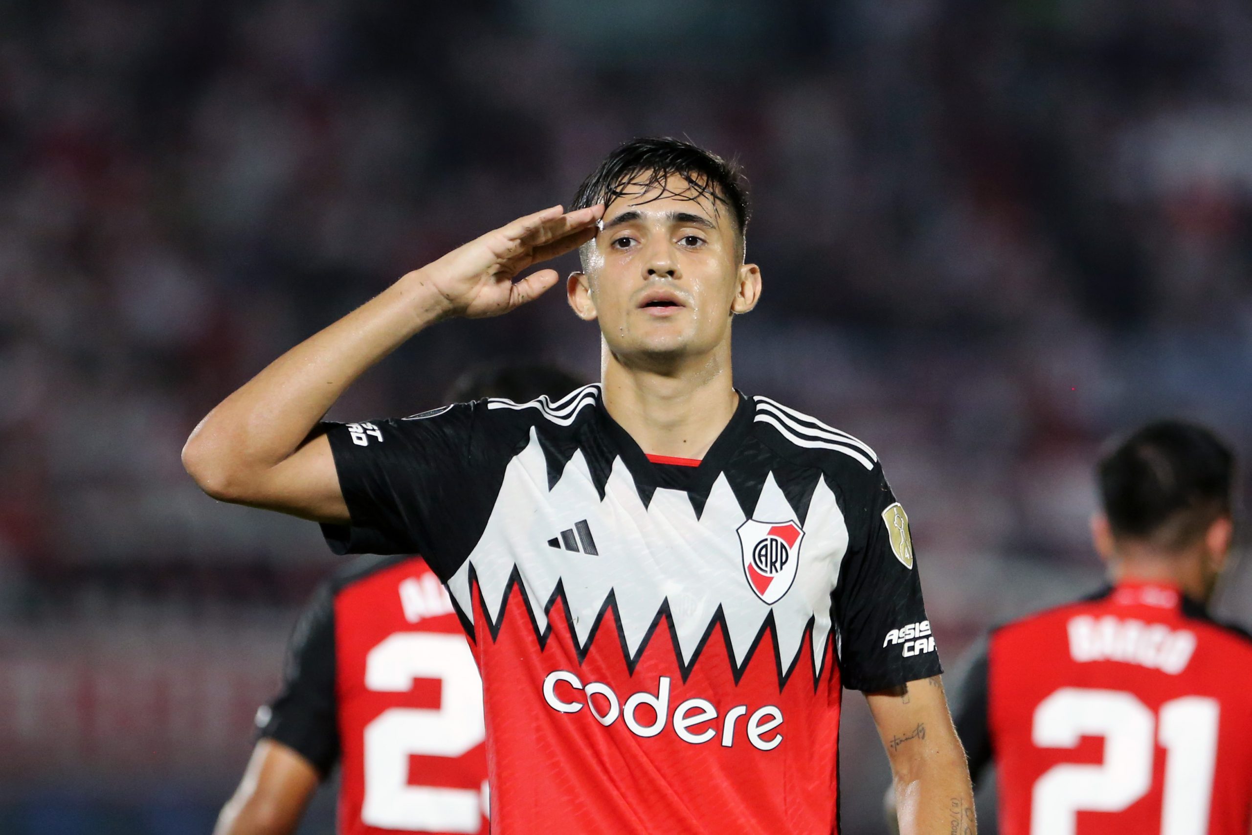 ASUNCION, PARAGUAY - APRIL 24: Pablo Solari of River Plate celebrates after scoring the team's first goal during a Copa CONMEBOL Libertadores 2024 Group H match between Libertad and River Plate at Estadio Defensores del Chaco on April 24, 2024 in Asuncion, Paraguay. (Photo by Christian Alvarenga/Getty Images)