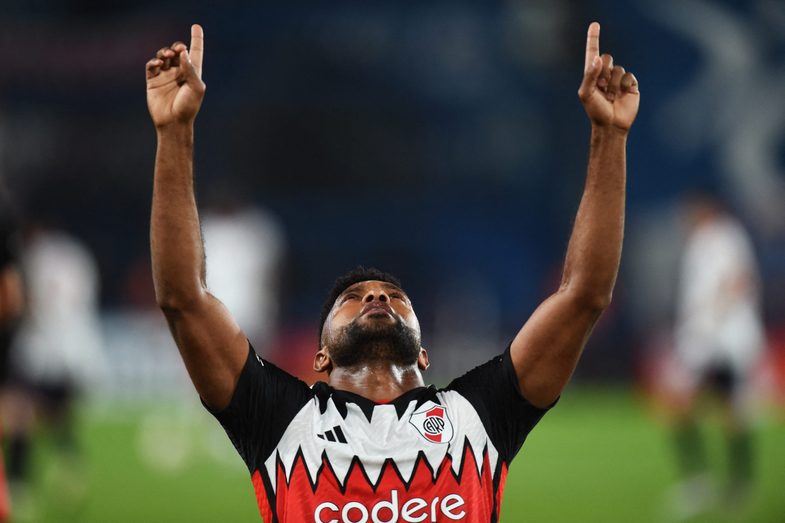 River Plate's Colombian forward Miguel Borja celebrates after scoring during the Copa Libertadores group stage second leg football match between Uruguay's Nacional and Argentina's River Plate at the Gran Parque Central stadium in Montevideo on May 7, 2024. (Photo by DANTE FERNANDEZ / AFP) (Photo by DANTE FERNANDEZ/AFP via Getty Images)