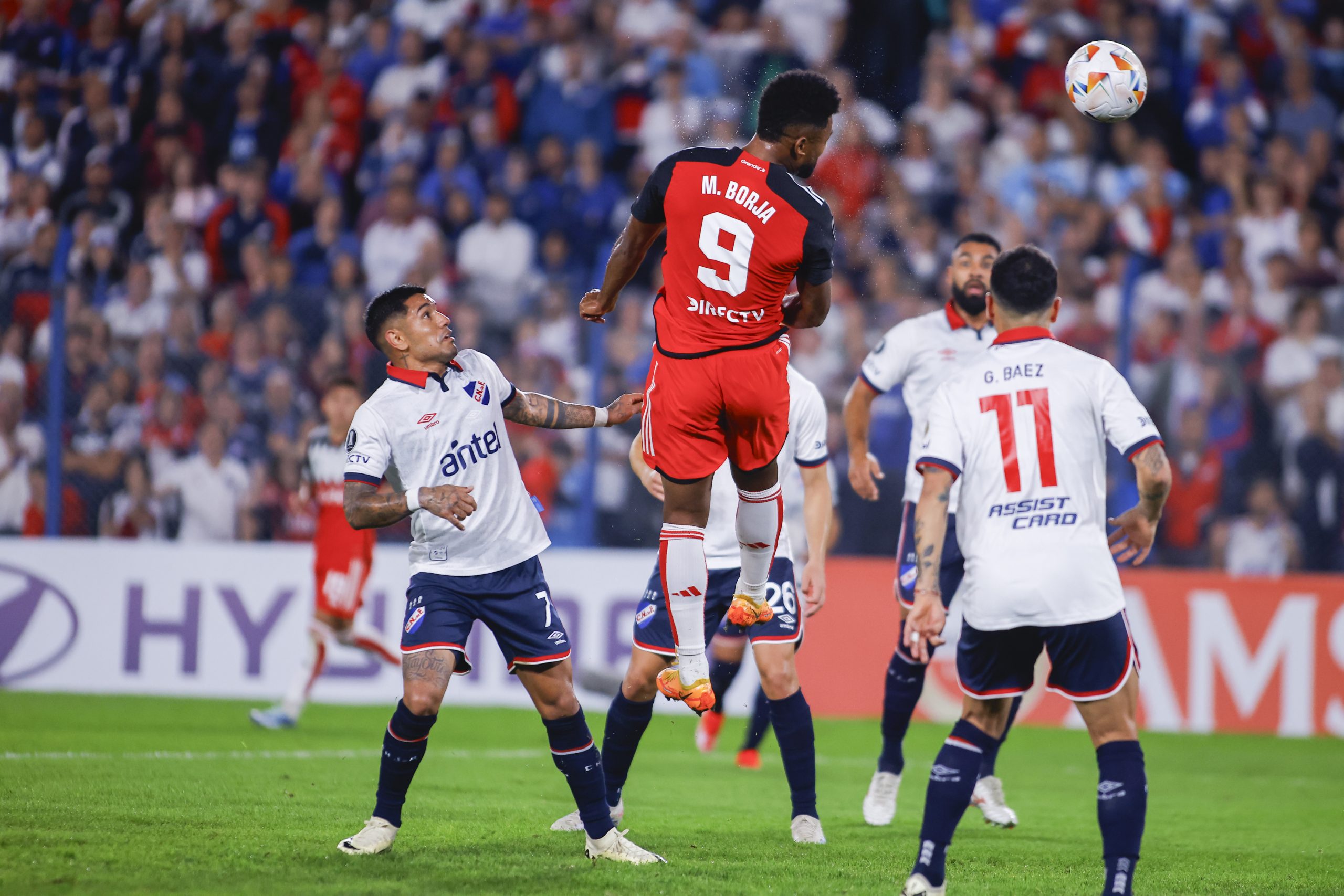 MONTEVIDEO, URUGUAY - MAY 07: Miguel Borja of River Plate shoots on target, during a Copa CONMEBOL Libertadores 2024 Group H match between River Plate and Nacional at Gran Parque Central on May 07, 2024 in Montevideo, Uruguay. (Photo by Ernesto Ryan/Getty Images)