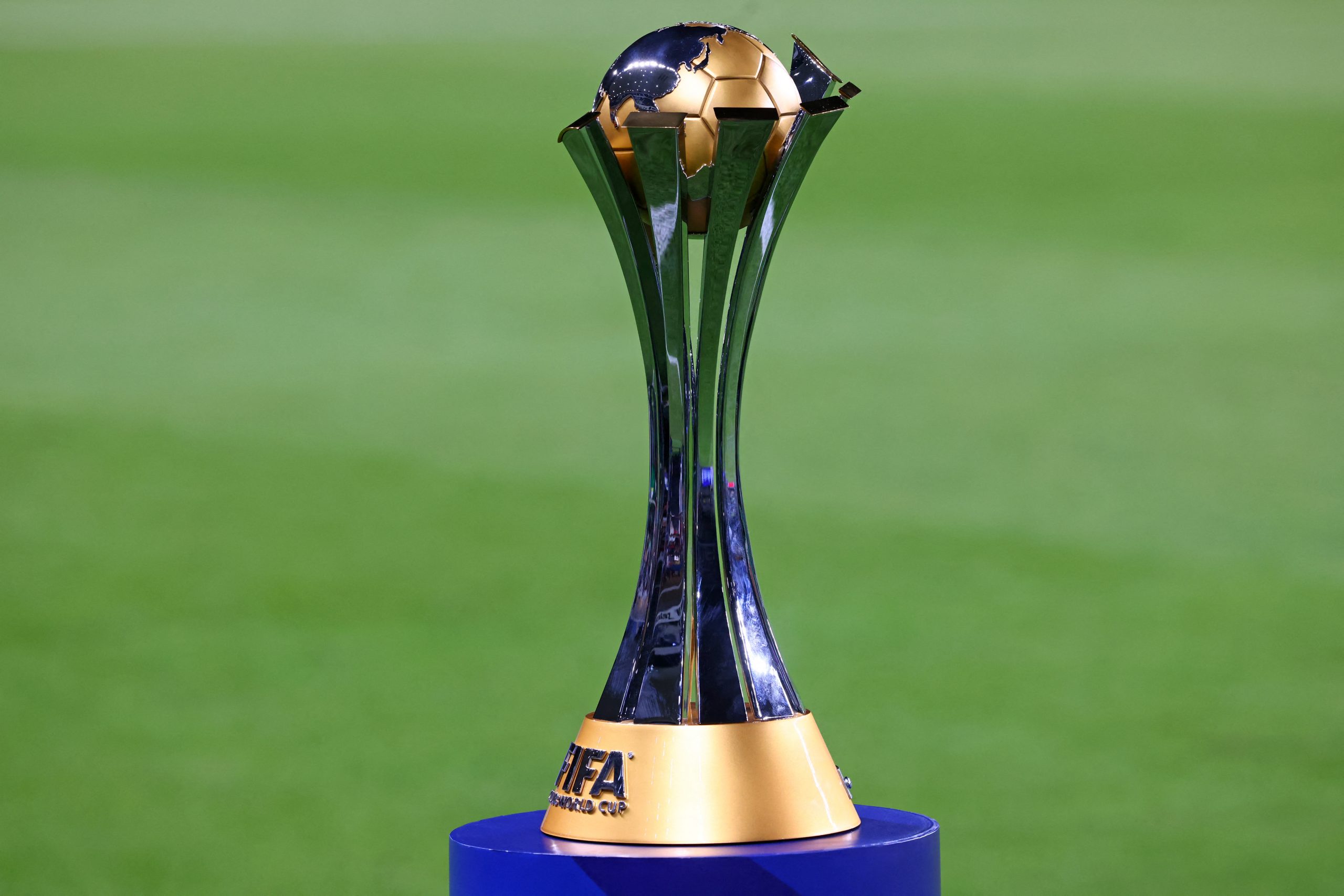 The Club World Cup trophy is seen ahead of the 2021 FIFA Club World Cup final football match between Brazil's Palmeiras and England's Chelsea at Mohammed Bin Zayed stadium in Abu Dhabi, on February 12, 2022. (Photo by Giuseppe CACACE / AFP) (Photo by GIUSEPPE CACACE/AFP via Getty Images)