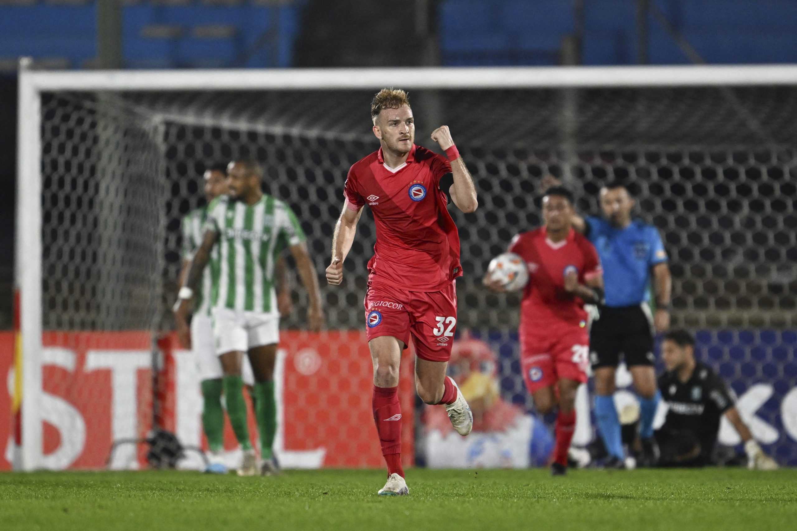 Argentinos Juniors' forward Luciano Gondou celebrates after scoring during the Copa Sudamericana group stage second leg football match between Uruguay's Racing and Argentina's Argentinos Juniors at Centenario stadium in Montevideo on May 7, 2024. (Photo by Eitan ABRAMOVICH / AFP) (Photo by EITAN ABRAMOVICH/AFP via Getty Images)