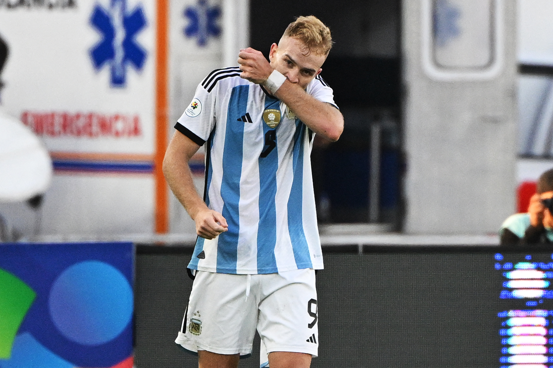 Argentina's Luciano Gondou celebrates after scoring during the Venezuela 2024 CONMEBOL Pre-Olympic Tournament football match between Brazil and Argentina at the Brigido Iriarte stadium in Caracas on February 5, 2024. (Photo by Federico Parra / AFP) (Photo by FEDERICO PARRA/AFP via Getty Images)