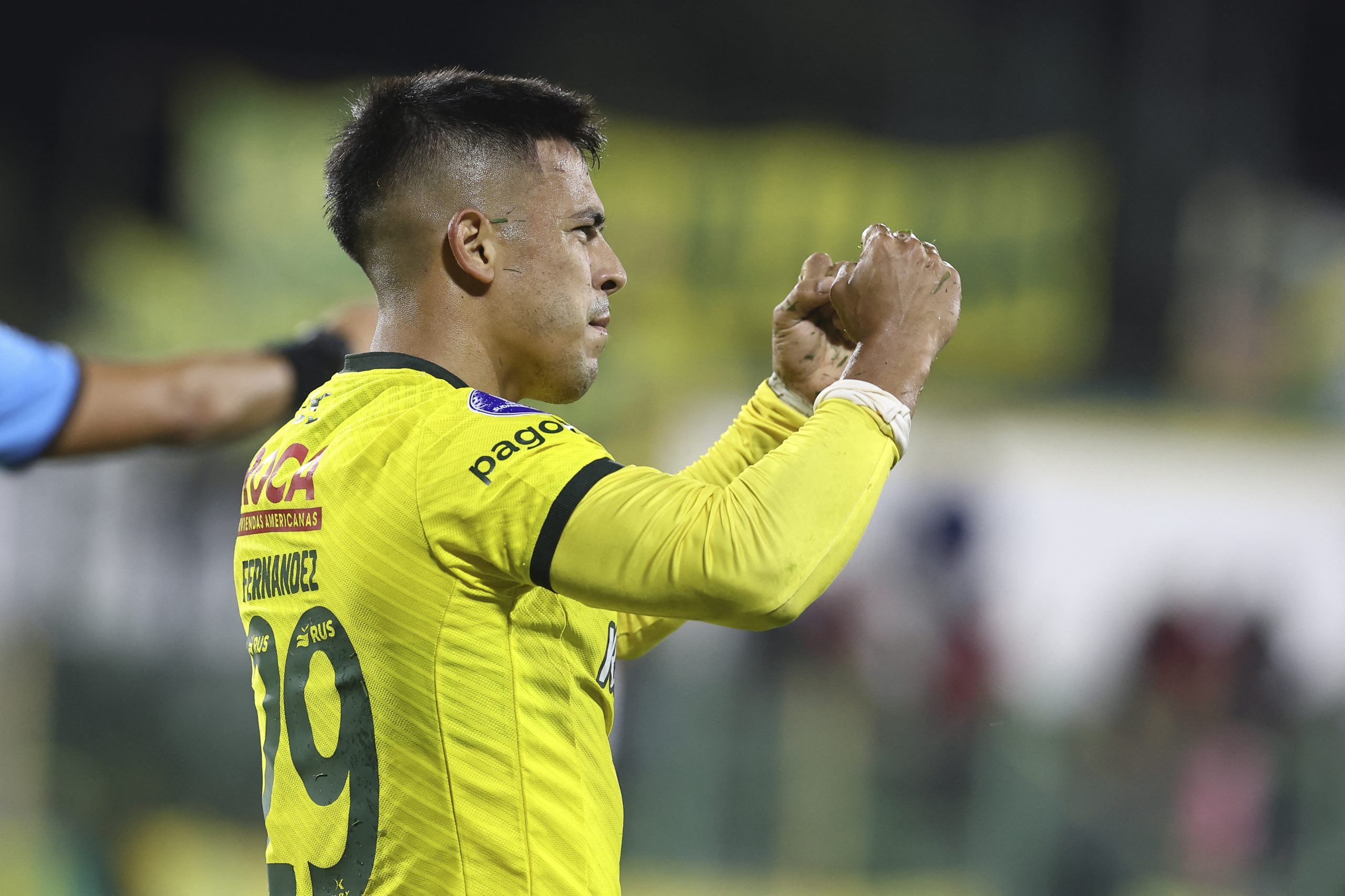 Defensa y Justicia's forward Nicolas Fernandez celebrates after scoring during the Copa Sudamericana group stage first leg match between Argentina's Defensa y Justicia and Bolivia's Always Ready at the Norberto Tito Tomaghello Stadium in Buenos Aires on April 10, 2024. (Photo by ALEJANDRO PAGNI / AFP) (Photo by ALEJANDRO PAGNI/AFP via Getty Images)