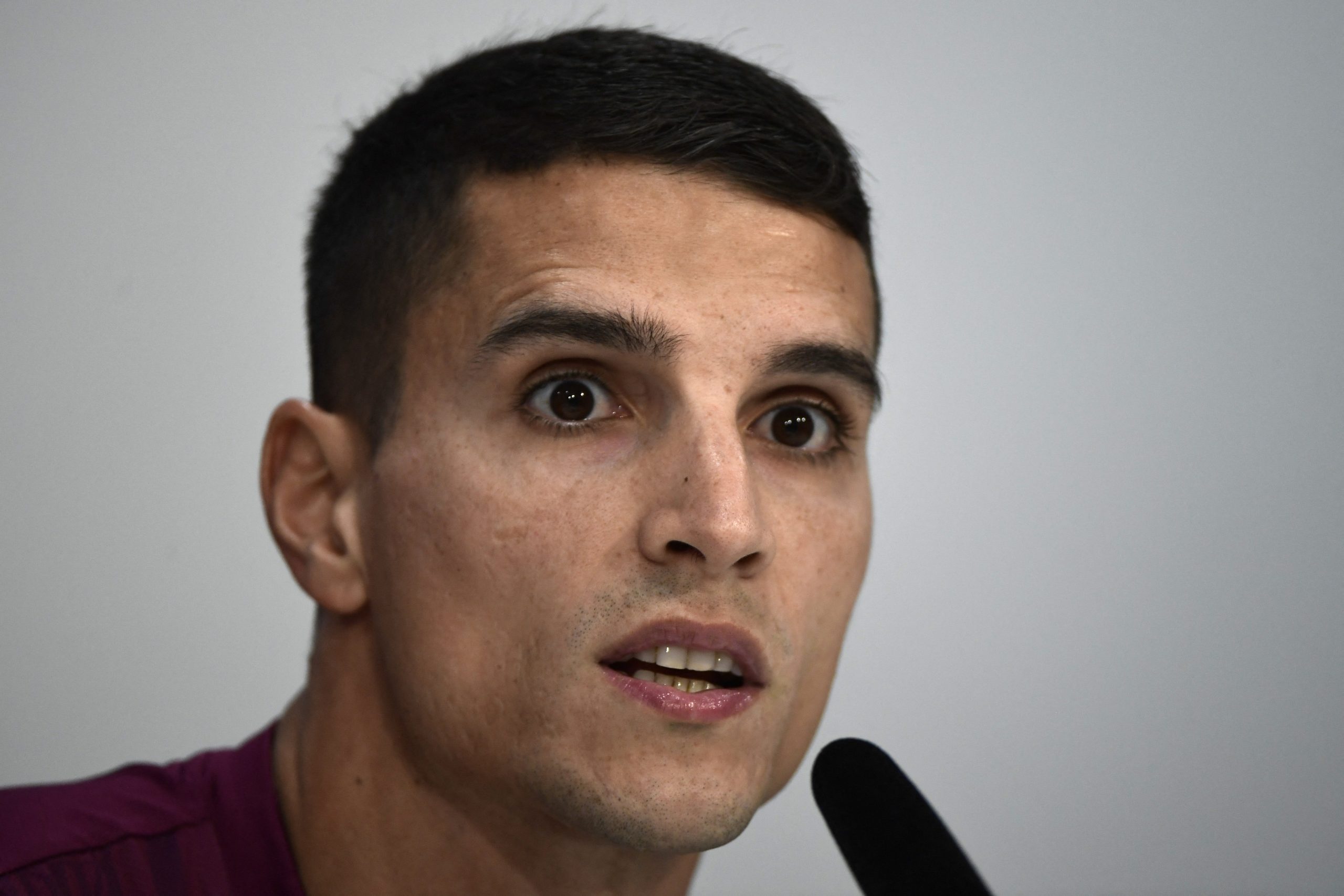 Sevilla's Argentinian forward Erik Lamela holds a press conference at the Jose Ramon Cisneros Palacios sports city in Seville on October 23, 2023, on the eve of the UEFA Champions League 1st round day 3 Group B football match between Sevilla FC and Arsenal. (Photo by CRISTINA QUICLER / AFP) (Photo by CRISTINA QUICLER/AFP via Getty Images)