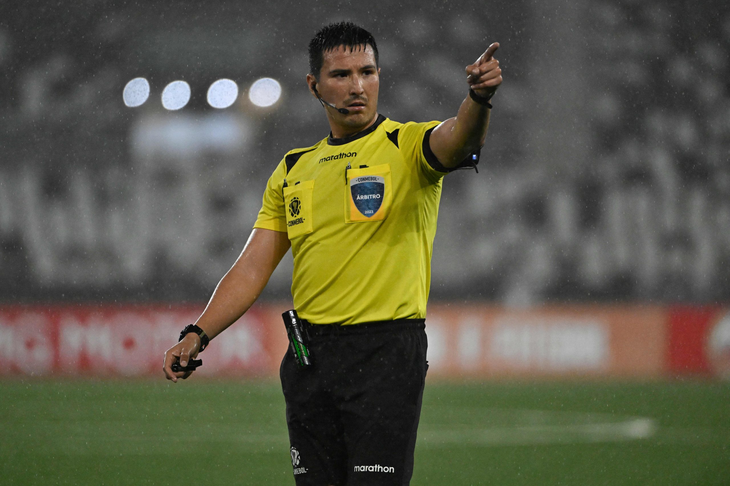 Peruvian referee Kevin Ortega gestures during the Copa Sudamericana round of 32 knockout play-offs second leg football match between Brazil's Botafogo and Argentina's Patronato at the Nilton Santos stadium in Rio de Janeiro, Brazil on July 19, 2023. (Photo by MAURO PIMENTEL / AFP) (Photo by MAURO PIMENTEL/AFP via Getty Images)