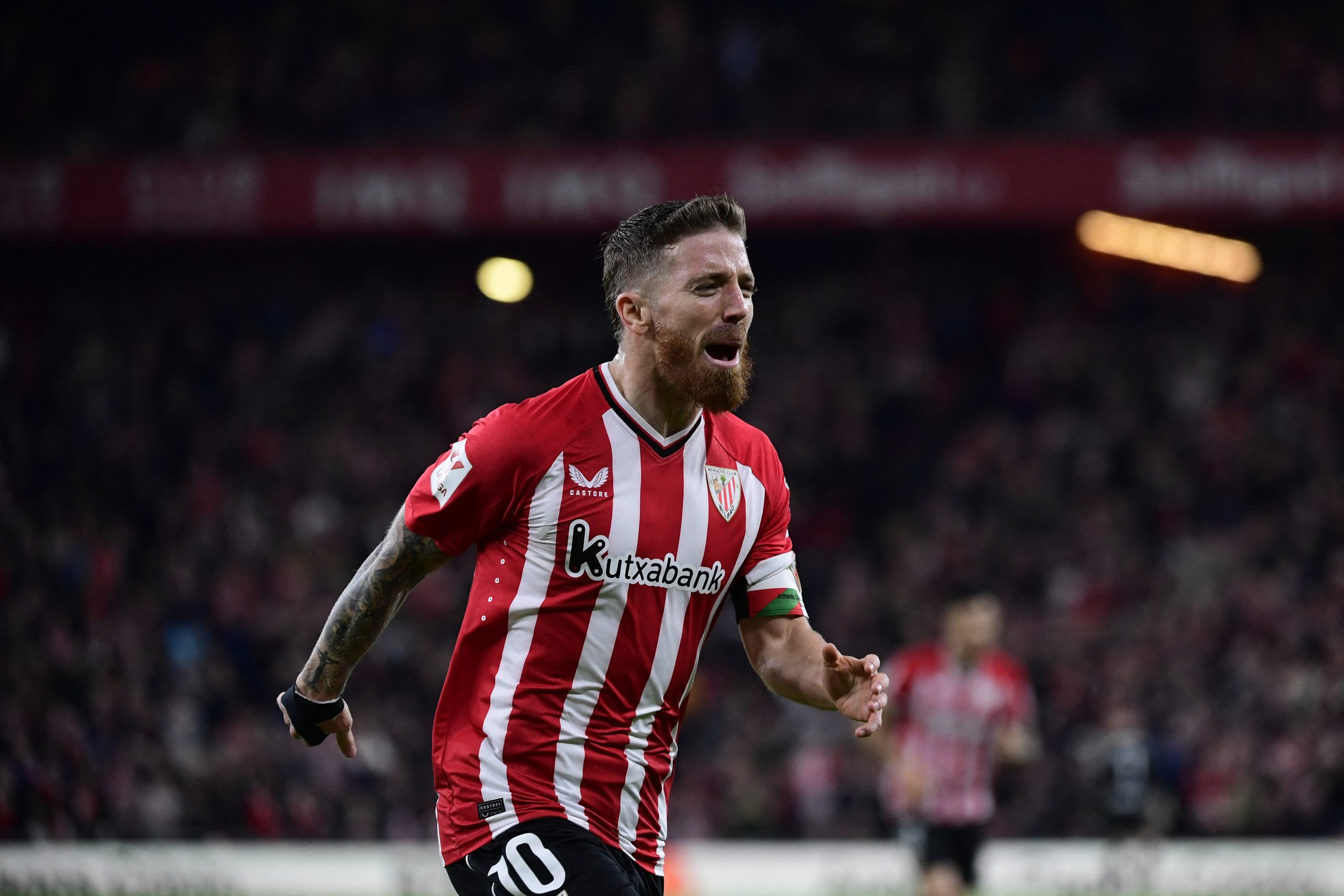 Athletic Bilbao's Spanish forward #10 Iker Muniain celebrates scoring his team's fourth goal during the Spanish league football match between Athletic Club Bilbao and RCD Mallorca at the San Mames stadium in Bilbao on February 2, 2024. (Photo by Ander Gillenea / AFP) (Photo by ANDER GILLENEA/AFP via Getty Images)